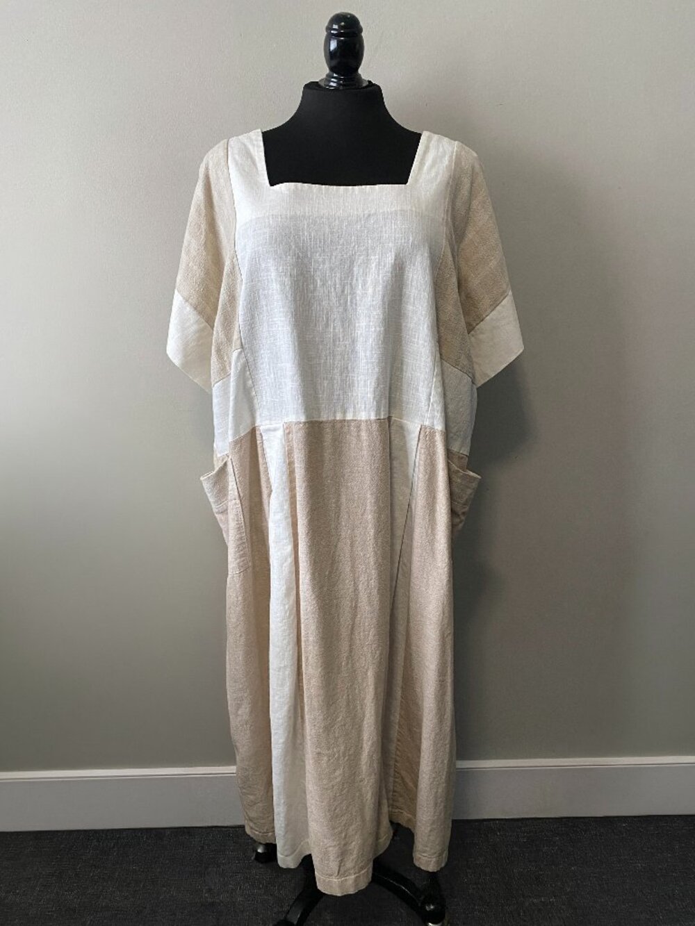 Handmade Plus Size Cotton Linen White Cream Beige Pockets Dress